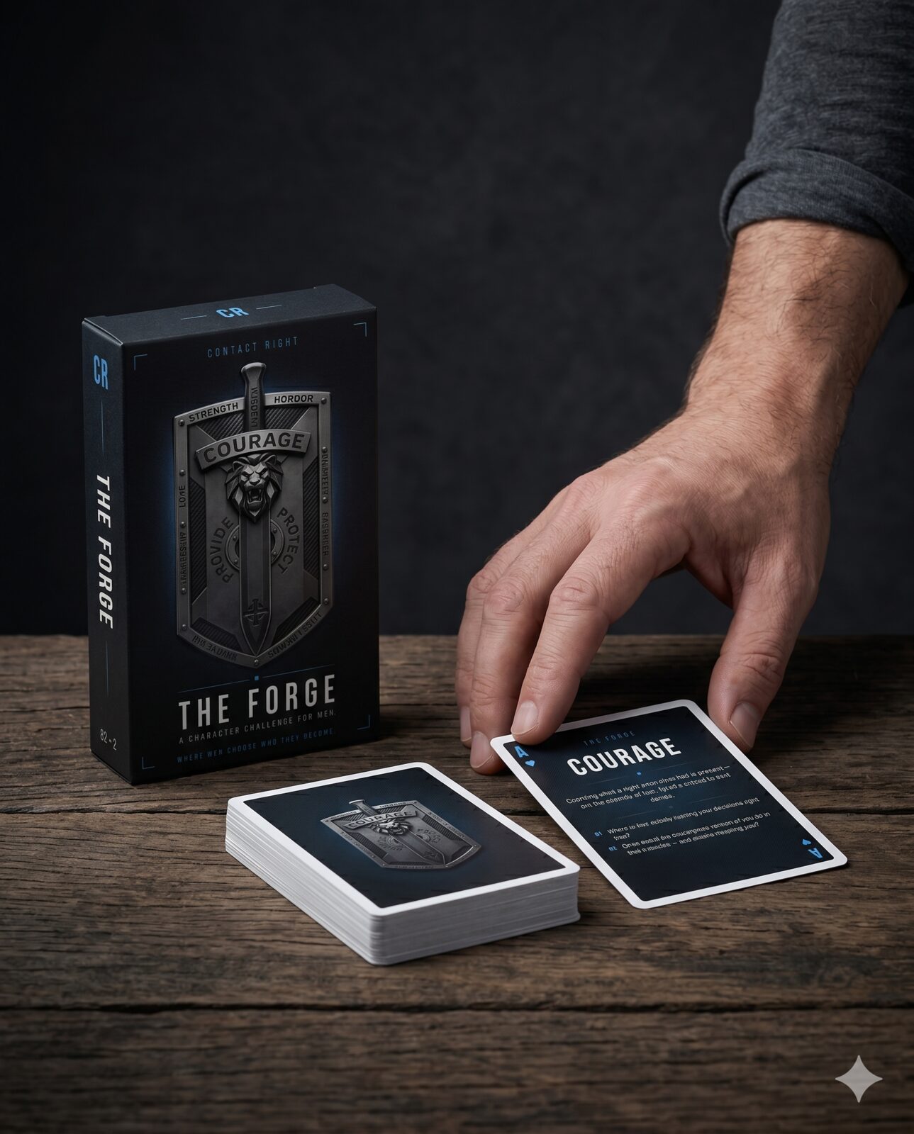 The Forge — box, deck, and Courage card on a dark walnut table.