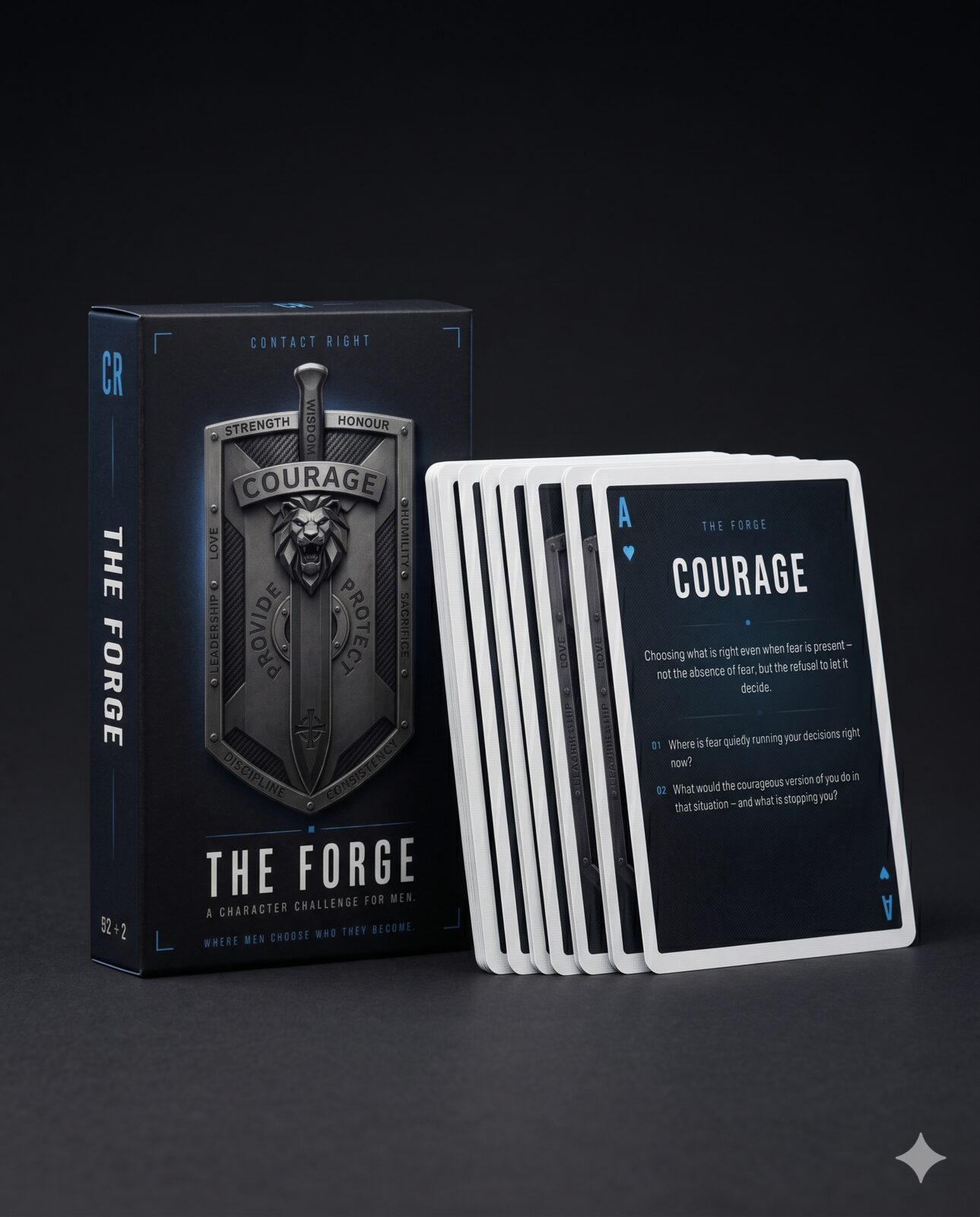 The Forge box — premium card-deck packaging with the Sword & Shield crest.